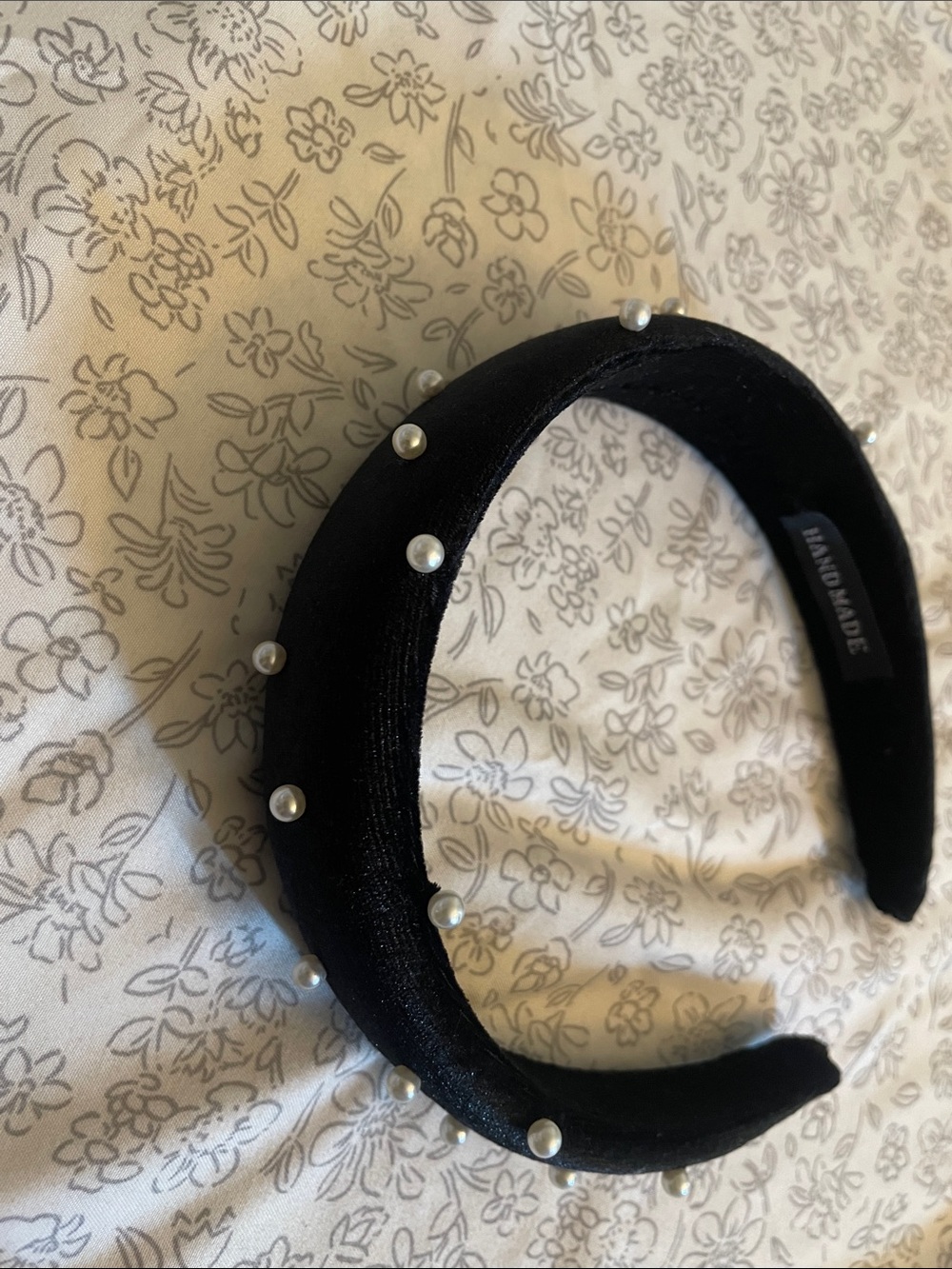 Handmade Black Velvet Pearl-Studded Headband